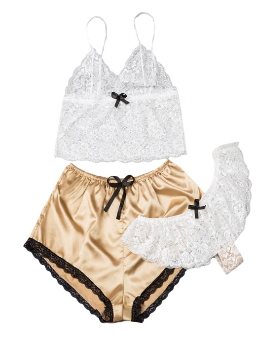 Satin and Lace Three Piece Sleepwear Set by My Secret Drawer® mysecretdrawer.co.uk