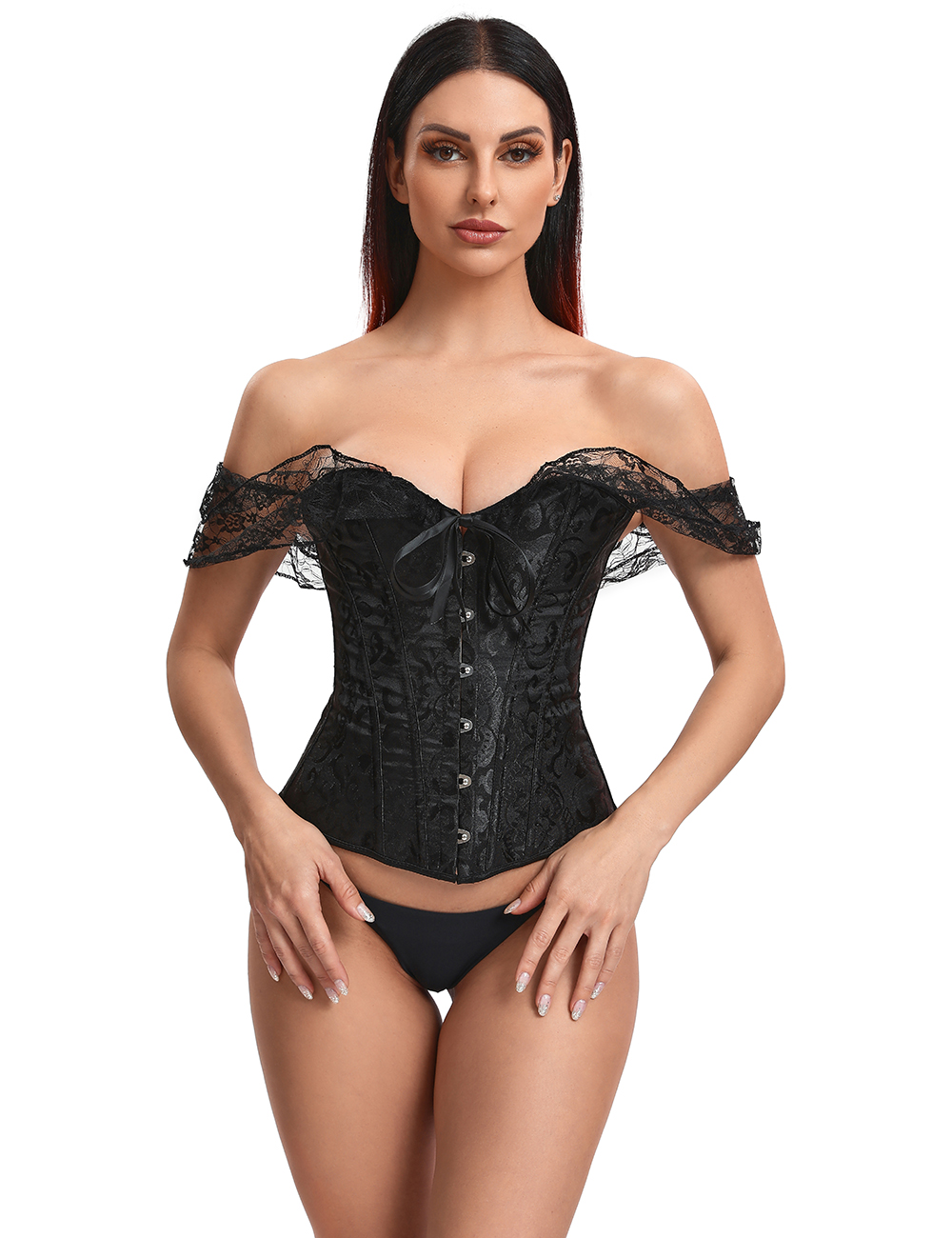 Elegant Black Off-Shoulder Lace Victorian Corset With Panties by My Secret Drawer® mysecretdrawer.co.uk